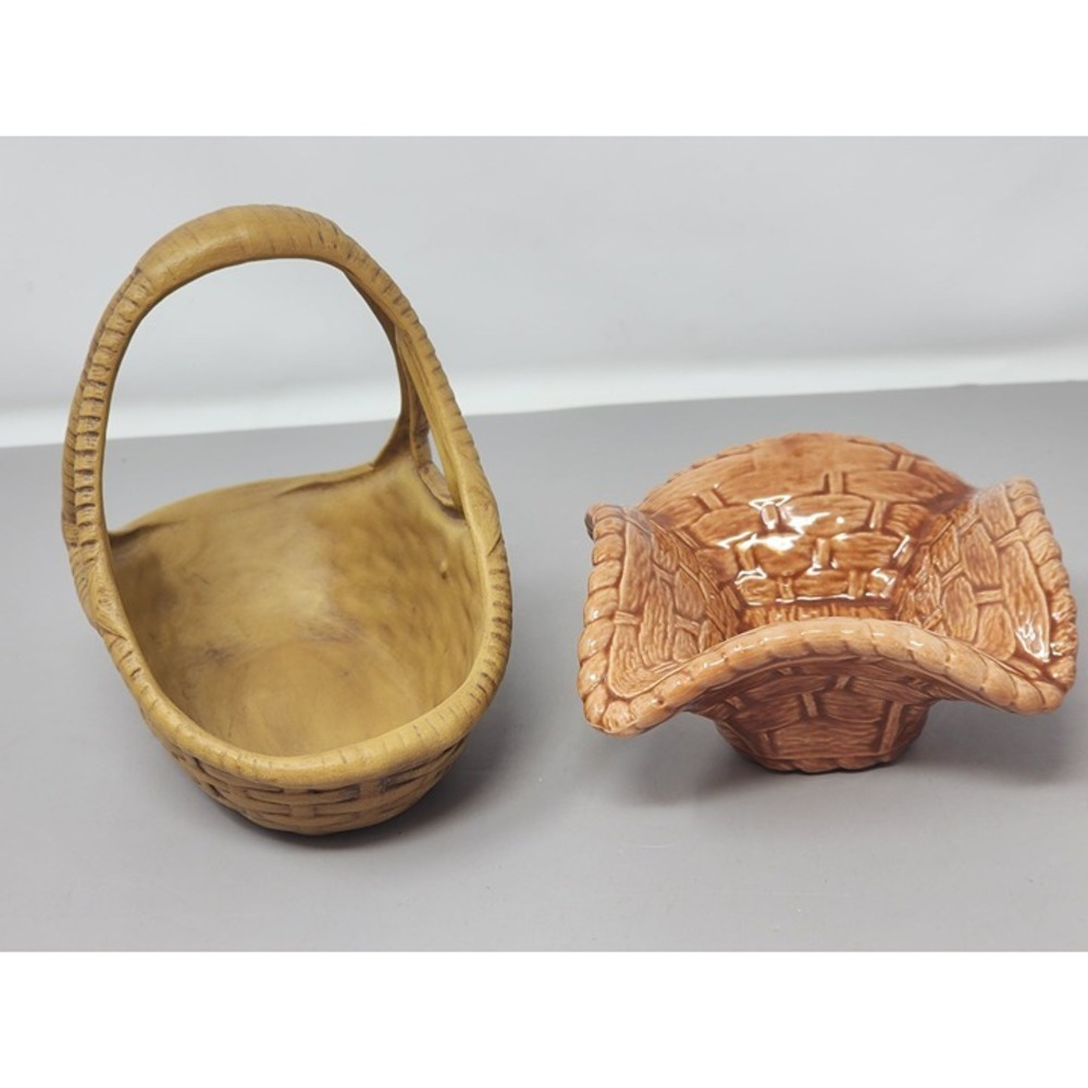 Vintage Ceramic Basket Set With Handle & Woven Design One Is Signed